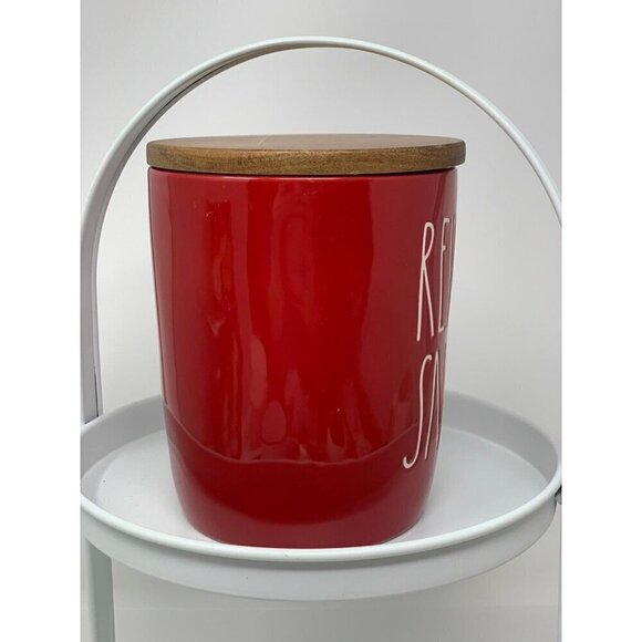 Rae Dunn Reindeer Snacks Cellar Canister Red Wood Lid Kitchen Christmas Holiday - Picture 8 of 9